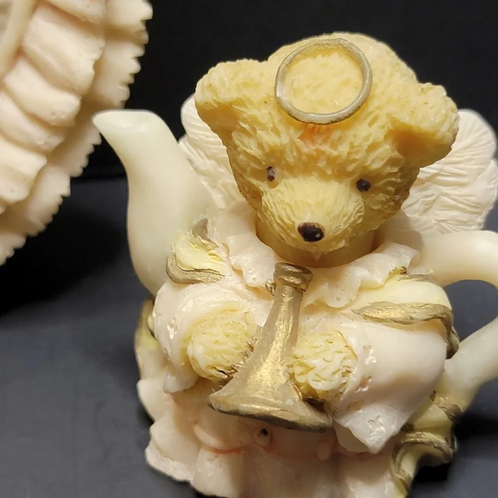 Teddy Bear Miniature Tea Set Painted Resin Quilt